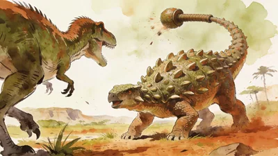 Visual depiction of An Ankylosaurus swinging its club tail at a theropod on a Cretaceous plain