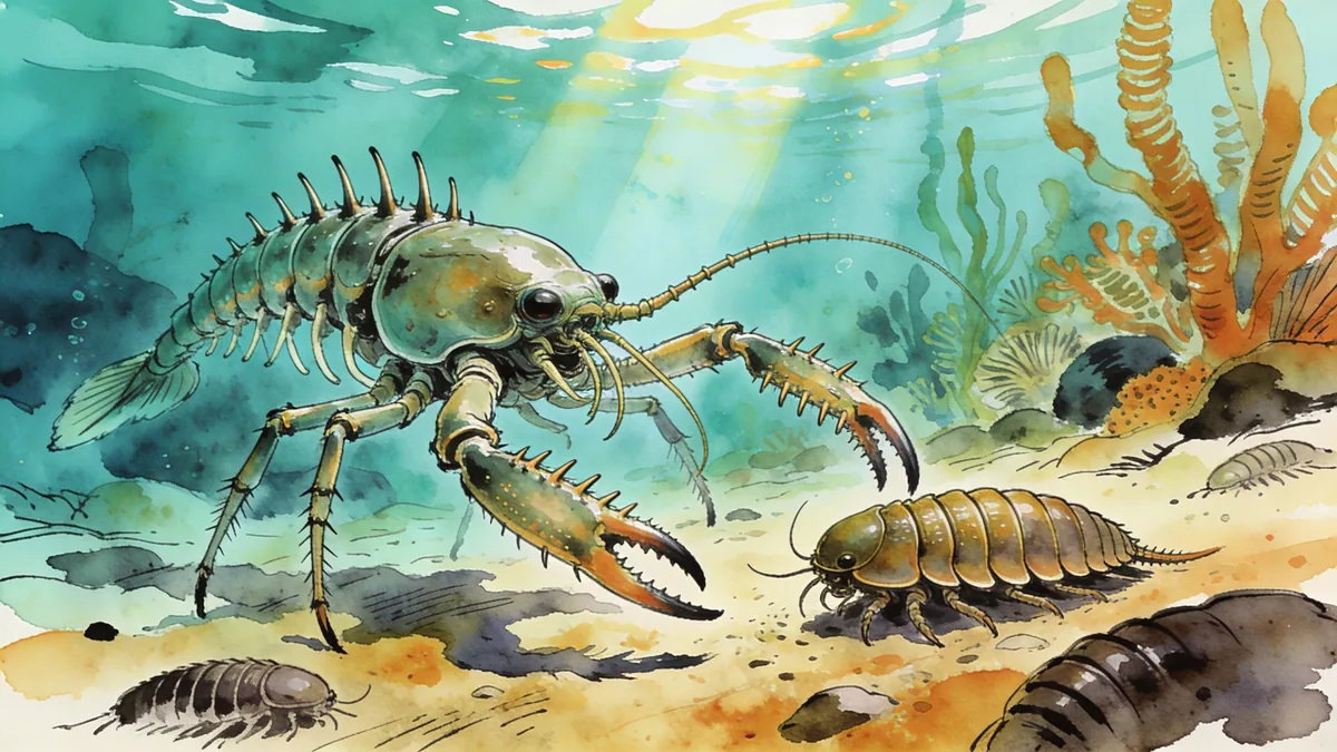 Visual depiction of An Anomalocaris hunting trilobites on a Cambrian seafloor