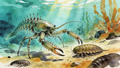 Visual depiction of An Anomalocaris hunting trilobites on a Cambrian seafloor