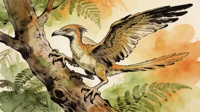 Visual depiction of An Archaeopteryx perched in a Jurassic tree