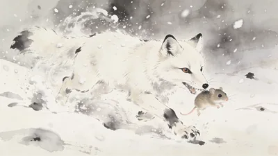 Visual depiction of An arctic fox hunting a lemming through heavy snowfall