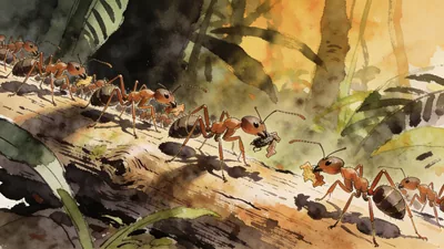 Visual depiction of An army ant column crossing a jungle floor log