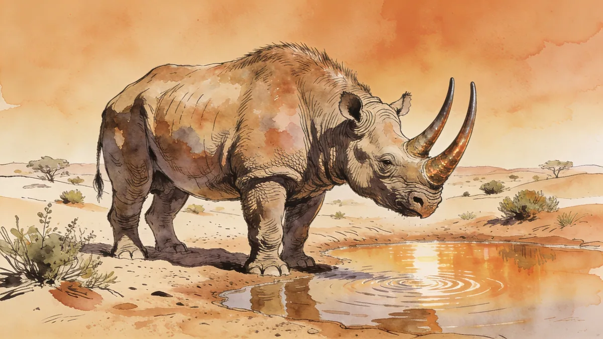 Visual depiction of An Arsinoitherium — twin-horned giant of ancient Egypt — at a Oligocene waterhole in North Africa