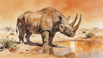 Visual depiction of An Arsinoitherium — twin-horned giant of ancient Egypt — at a Oligocene waterhole in North Africa