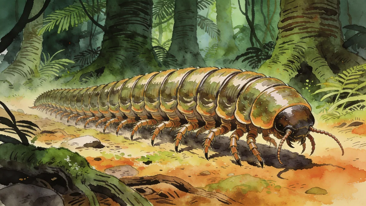 Visual depiction of An Arthropleura giant millipede moving through a Carboniferous forest floor