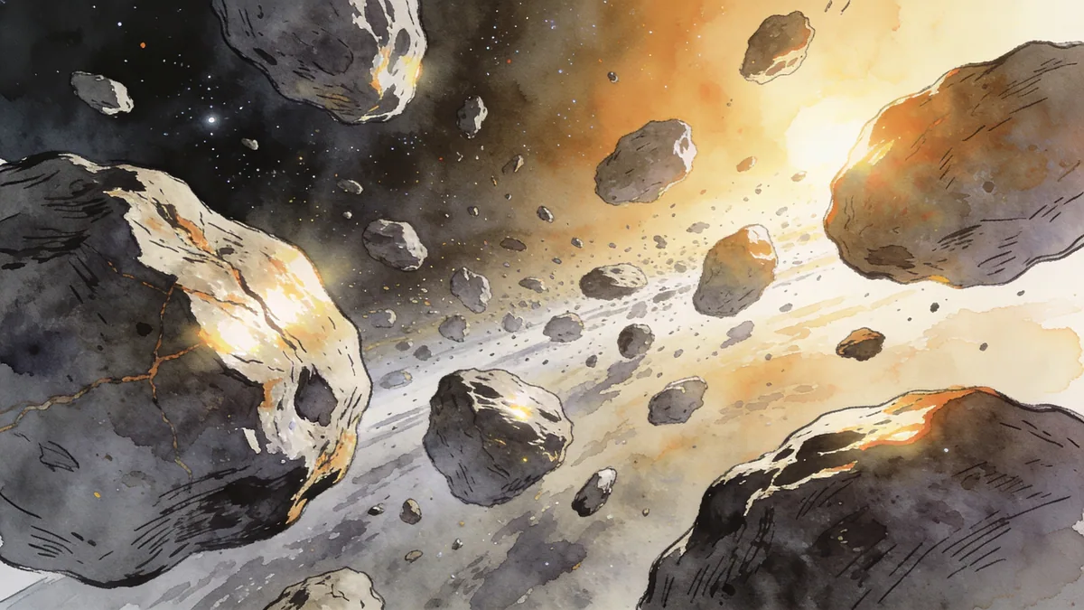 Visual depiction of An asteroid belt viewed from within