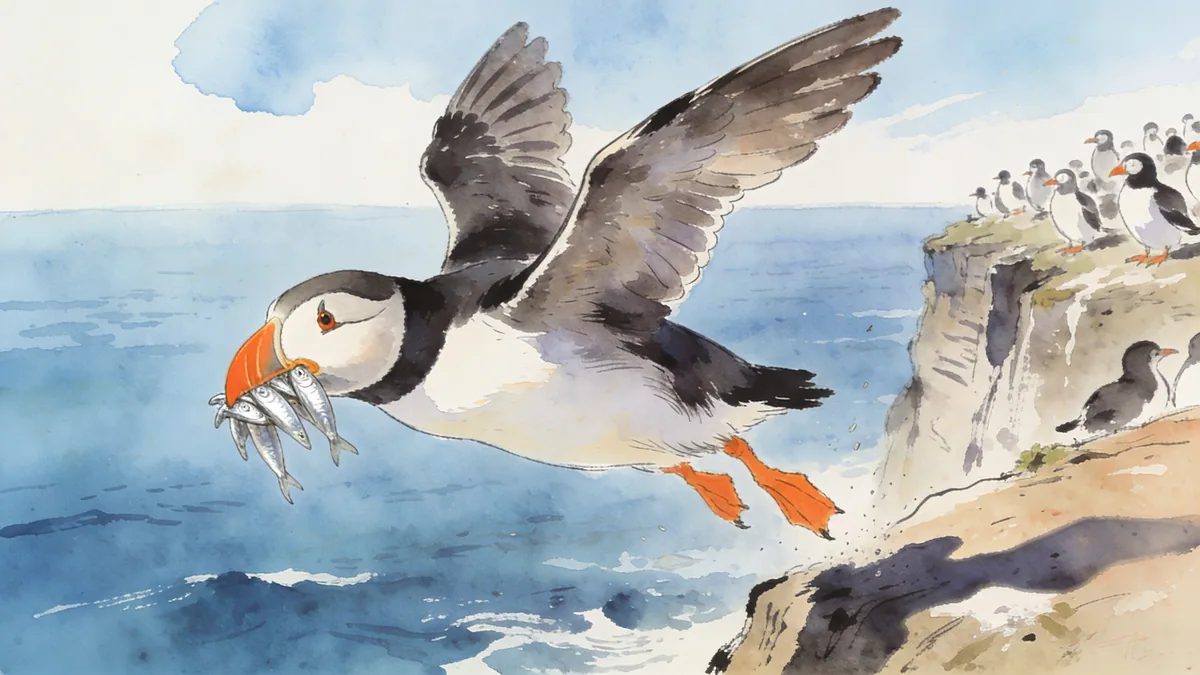 Visual depiction of An Atlantic puffin landing at its sea cliff colony