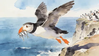 Visual depiction of An Atlantic puffin landing at its sea cliff colony