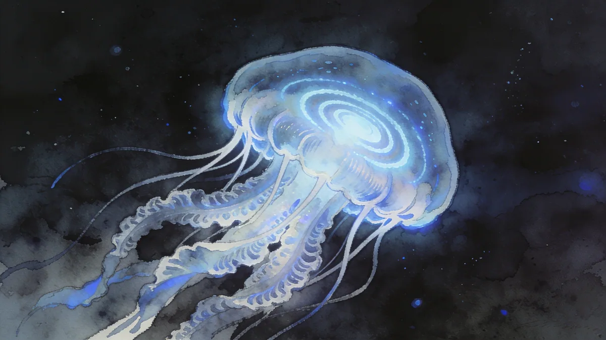 Visual depiction of An Atolla jellyfish bioluminescing in the deep sea