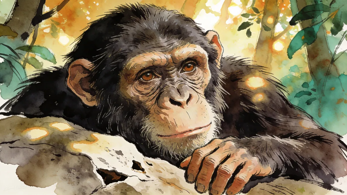 Visual depiction of An Australopithecus sediba resting in a South African forest