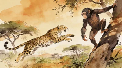 Visual depiction of An Australopithecus being hunted by a leopard in a South African woodland