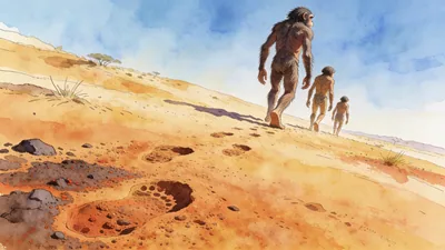 Visual depiction of An Australopithecus afarensis family walking upright across the dry East African savanna