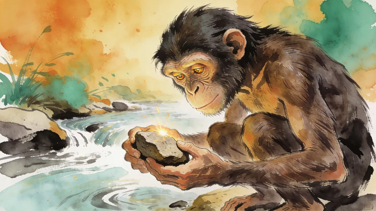 Visual depiction of An Australopithecus afarensis crouching beside a stream