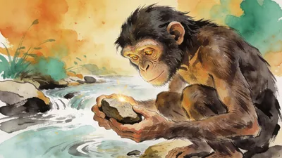 Visual depiction of An Australopithecus afarensis crouching beside a stream