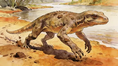 Visual depiction of An early tetrapod dragging itself onto a Devonian riverbank