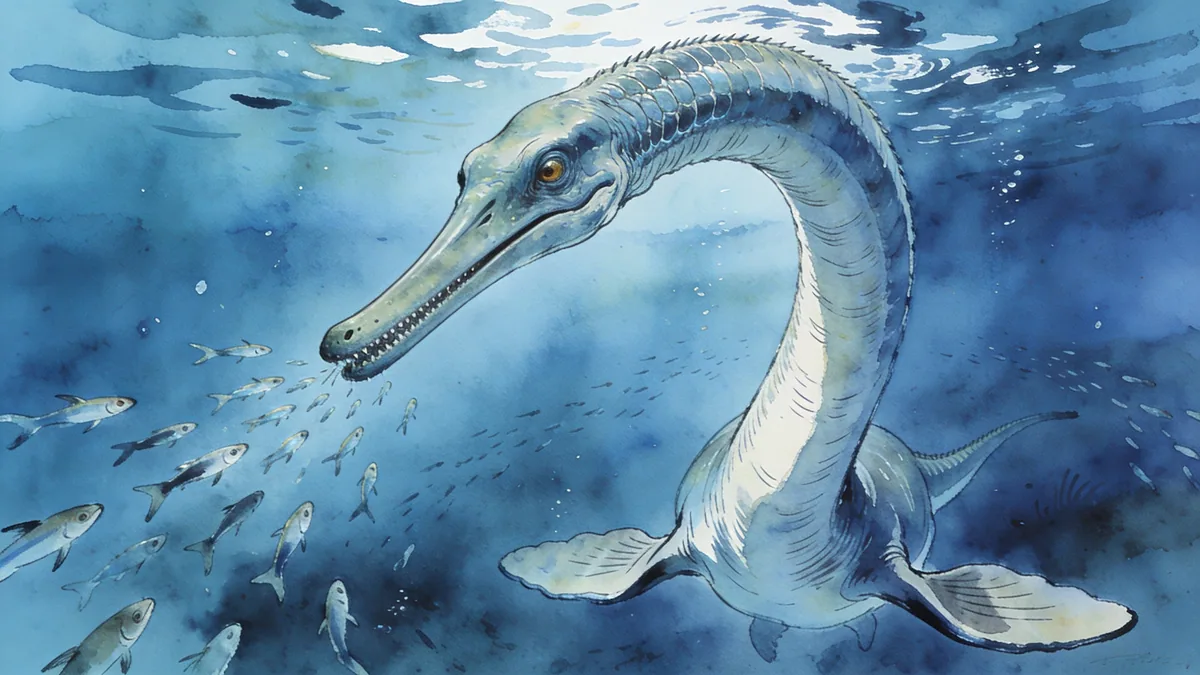 Visual depiction of An Elasmosaurus with its impossibly long neck hunting fish in a Cretaceous sea