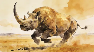 Visual depiction of An Elasmotherium — the giant Siberian unicorn rhinoceros — galloping across open steppe