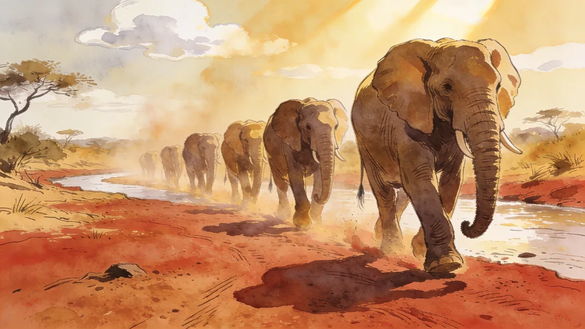 Visual depiction of An elephant herd crossing a dry riverbed at midday