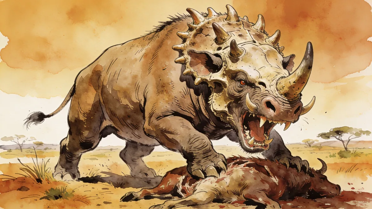 Visual depiction of An Entelodon — the hell pig — snarling over a carcass on an Oligocene plain