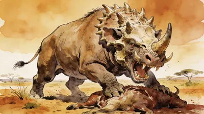 Visual depiction of An Entelodon — the hell pig — snarling over a carcass on an Oligocene plain