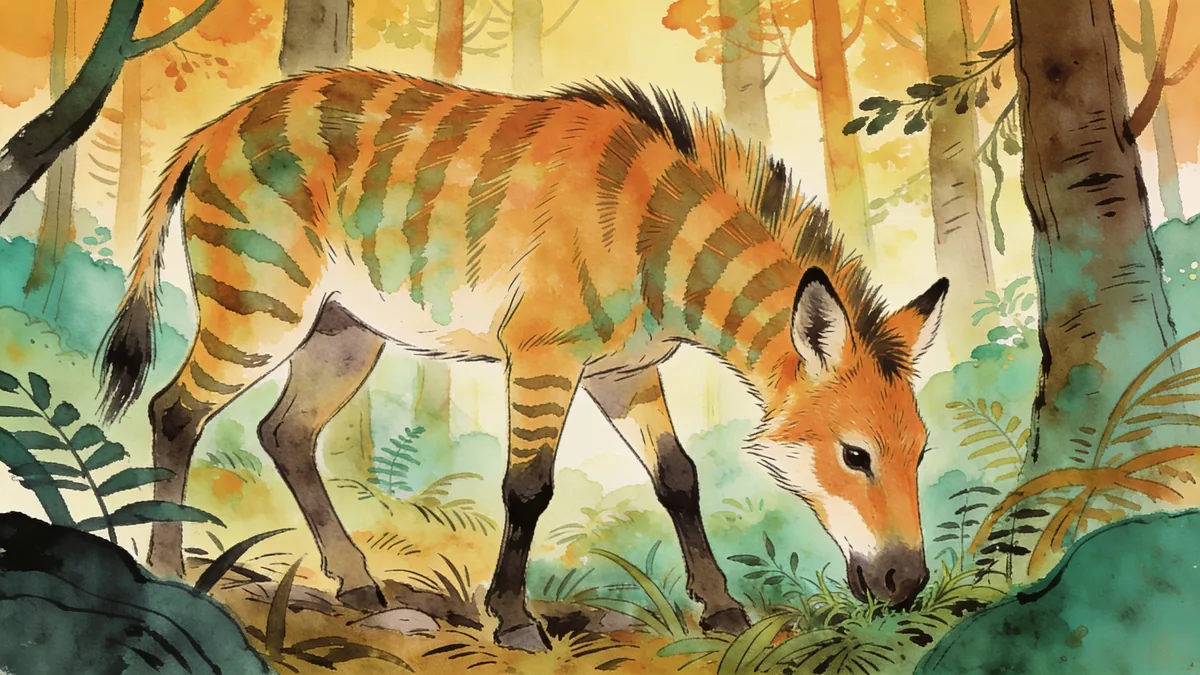 Visual depiction of An Eohippus dawn horse — the size of a fox — picking through an Eocene forest