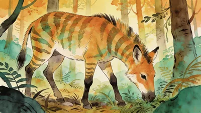 Visual depiction of An Eohippus dawn horse — the size of a fox — picking through an Eocene forest