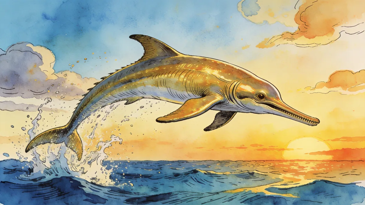 Visual depiction of An Ichthyosaurus pod leaping from a Jurassic sea at sunset