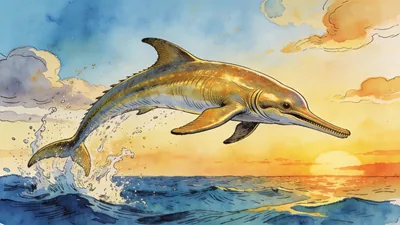 Visual depiction of An Ichthyosaurus pod leaping from a Jurassic sea at sunset