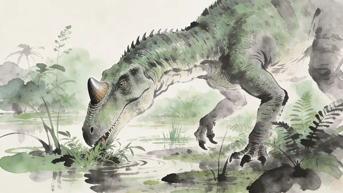Visual depiction of An Iguanodon foraging in an Early Cretaceous wetland