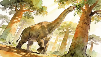 Visual depiction of An Indricotherium browsing the tops of Oligocene trees