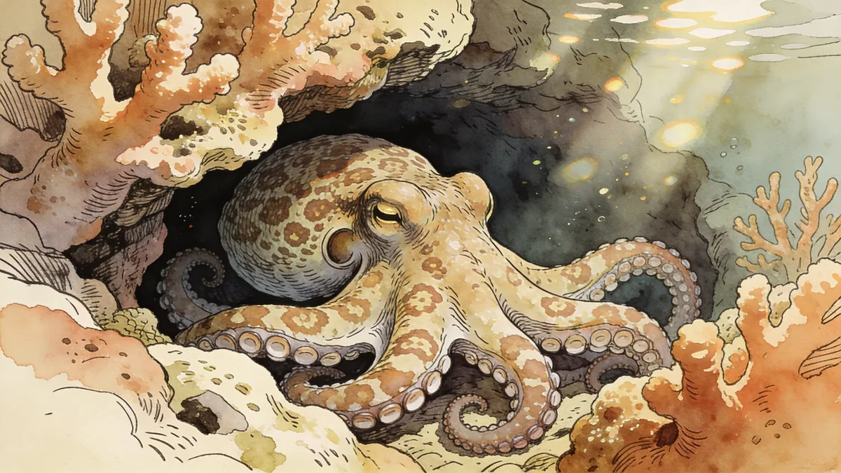 Visual depiction of An octopus tucked in a coral crevice