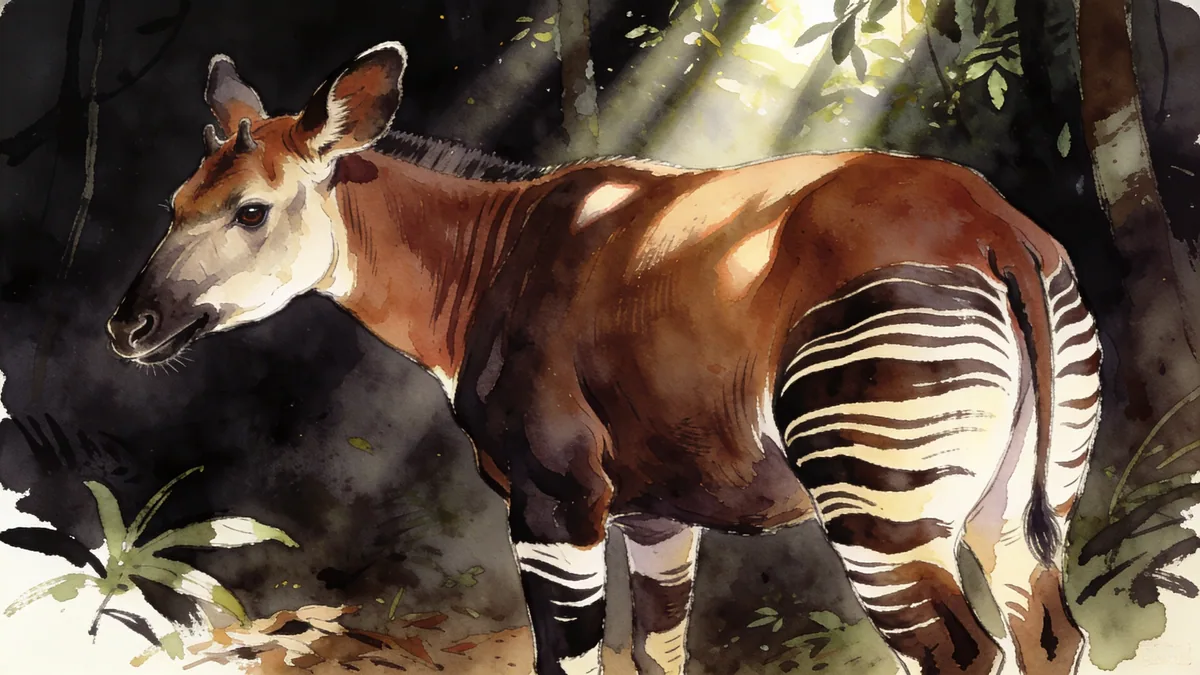 Visual depiction of An okapi standing in the dark Ituri forest understorey