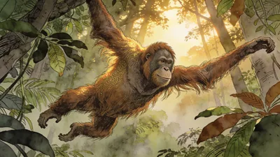 Visual depiction of An orangutan swinging through the jungle canopy at dawn