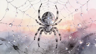 Visual depiction of An orb-weaver spider at dawn in its dew-covered web