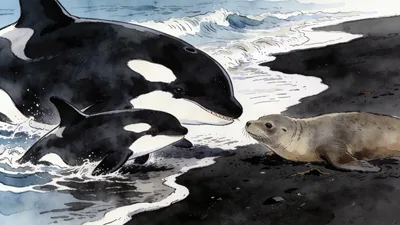 Visual depiction of An orca mother teaching her calf to beach itself to catch a sea lion