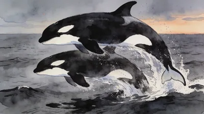 Visual depiction of An orca pair hunting in open grey ocean at dusk