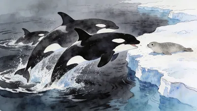 Visual depiction of An orca pod hunting a seal near the ice edge