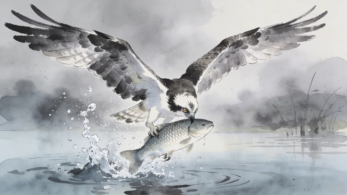 Visual depiction of An osprey pulling a large fish clear of a lake surface