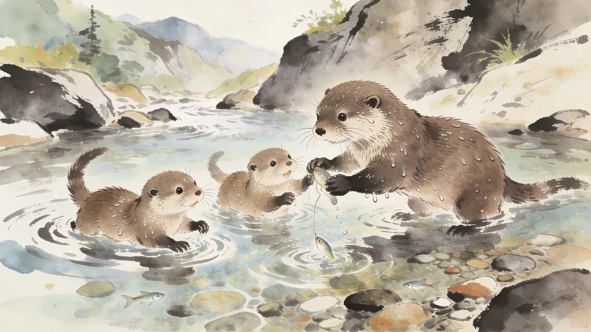 Visual depiction of An otter teaching her young cubs to fish in a shallow mountain stream