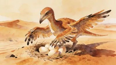 Visual depiction of An Oviraptor tending its nest of eggs in the Mongolian desert