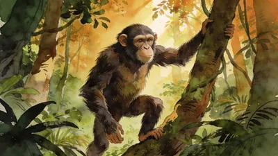 Visual depiction of Ardipithecus in an Ethiopian forest four million years ago