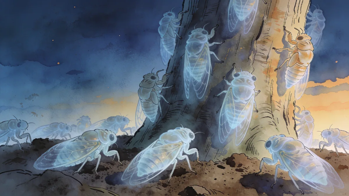 Visual depiction of Cicada nymphs emerging from soil after seventeen years underground
