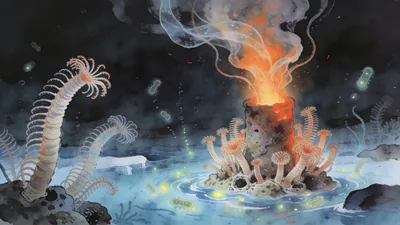 Visual depiction of Deep sea hydrothermal vent with tube worm colony