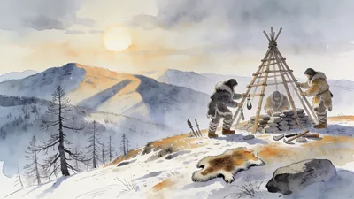 Visual depiction of Denisovan hunters building a camp on a Siberian tundra ridgeline