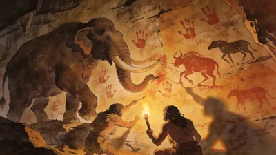 Visual depiction of Early Homo sapiens painting a mammoth hunt on a limestone cave wall by torchlight