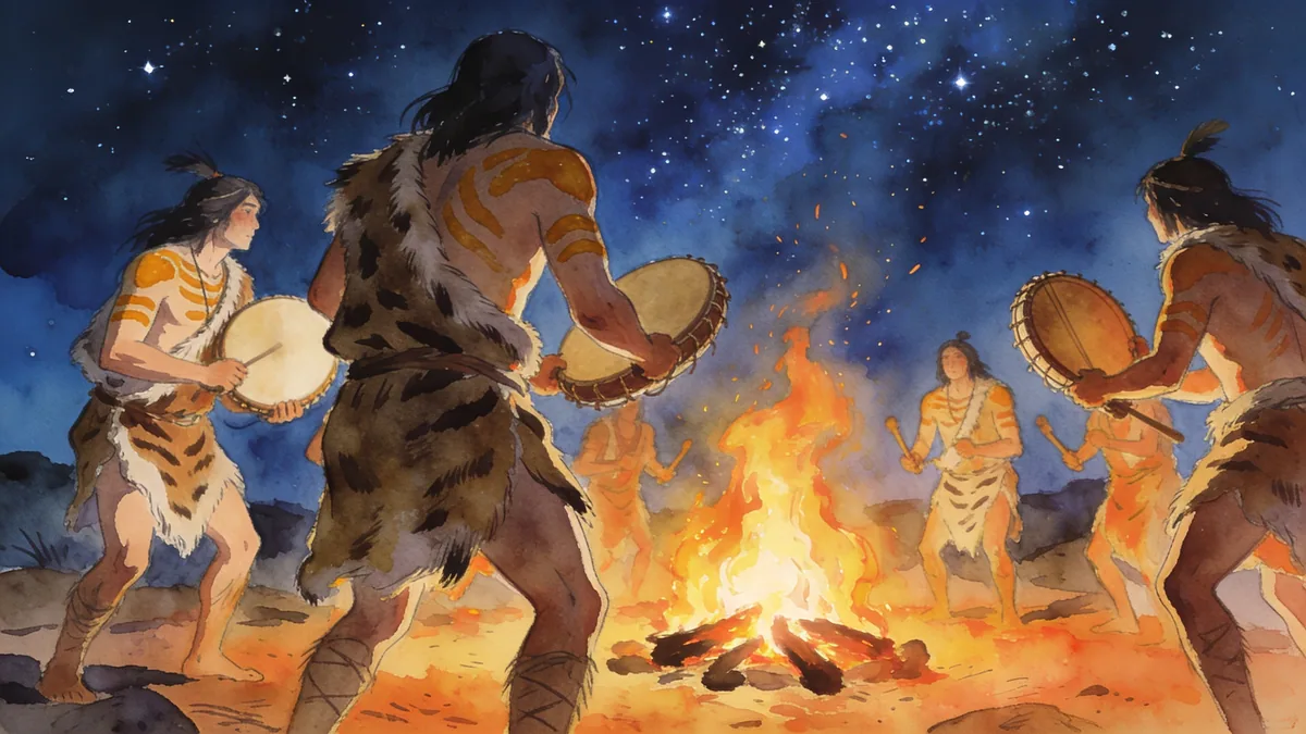 Visual depiction of Early Homo sapiens performing a night ritual around a large fire under the stars