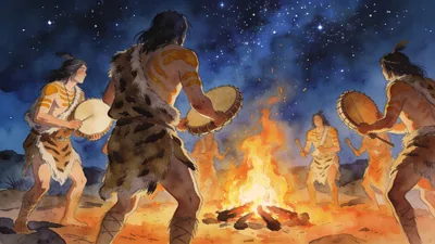 Visual depiction of Early Homo sapiens performing a night ritual around a large fire under the stars