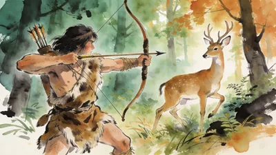 Visual depiction of Early Homo sapiens using a bow and arrow to hunt a deer in a temperate forest