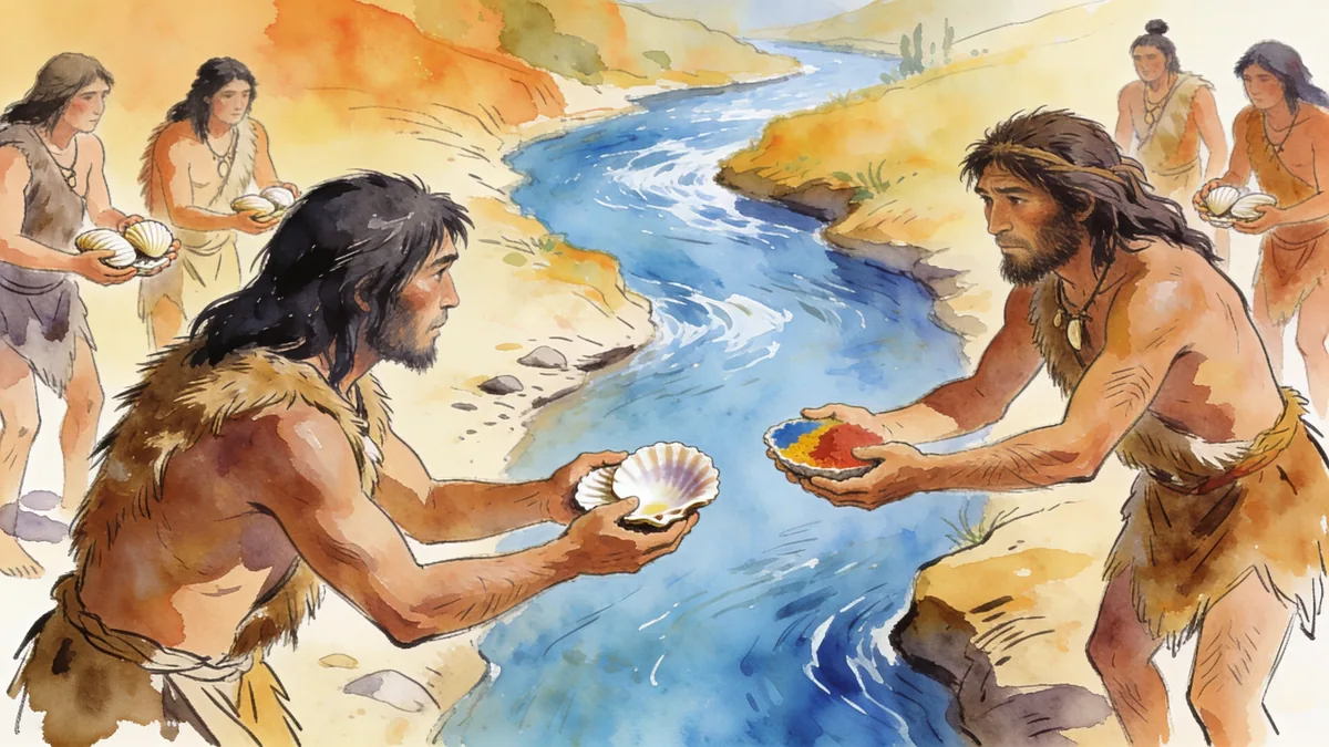 Visual depiction of Early Homo sapiens trading shells and pigments with another group across a river