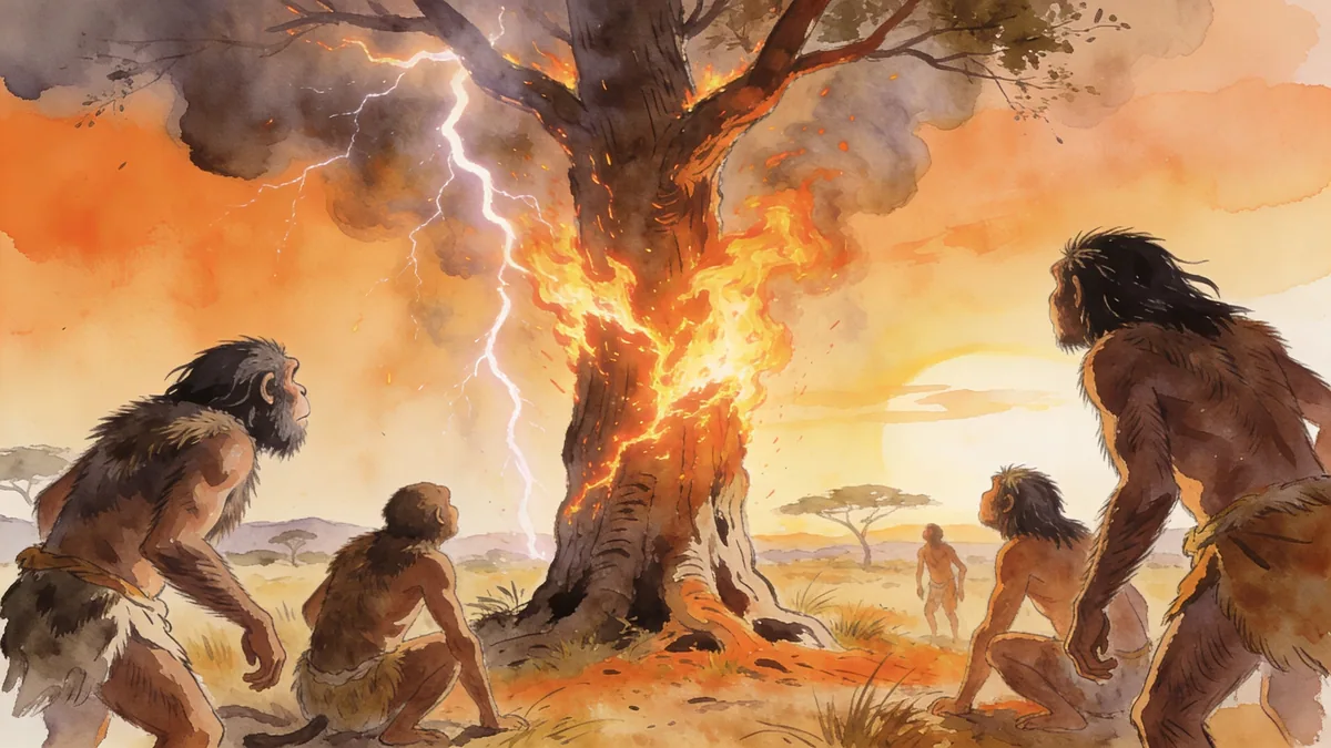 Visual depiction of Early humanoids discovering fire by accident — a lightning-struck tree on the savanna — cautious fascination